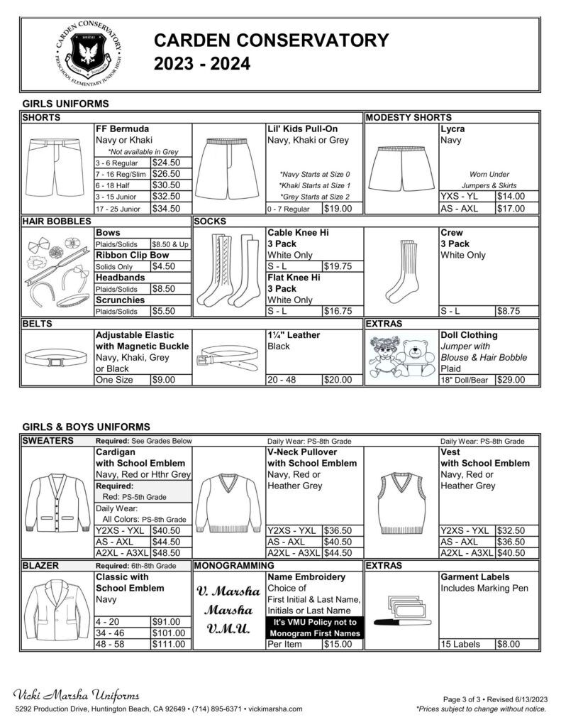 Uniform Information - Carden Conservatory